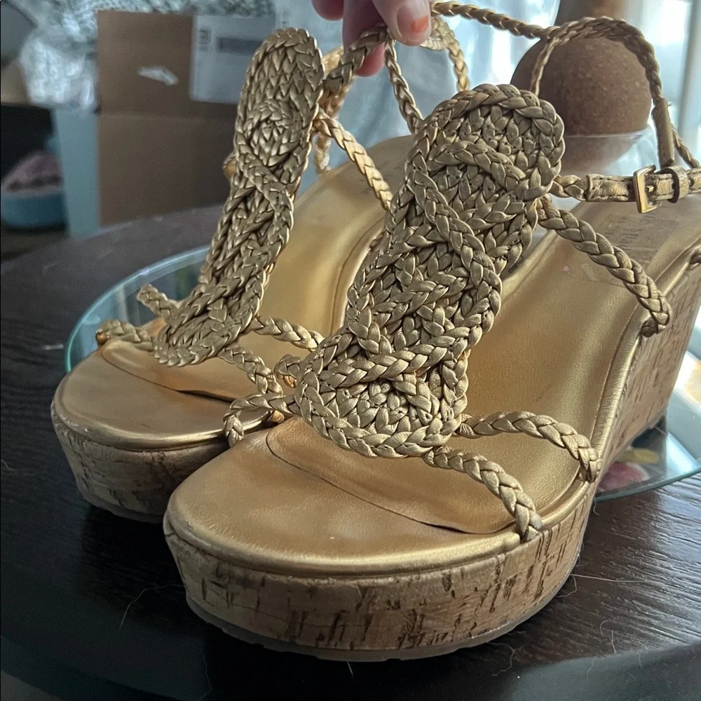 🛑 1 hour. Like New, Kate Spade, 8.5, Braided Gold Wedges (worn once for an hour) - Picture 2 of 5